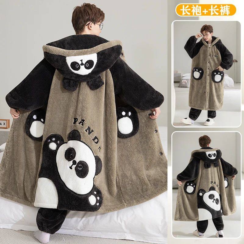 秋冬季珊瑚绒浴袍男士睡衣加绒加厚卡通长款睡袍套装青少年家居服