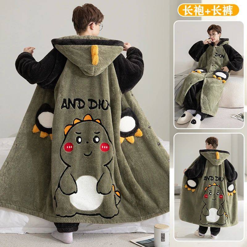 男士睡袍连帽青少年秋冬季新款加厚珊瑚绒浴袍睡衣家居服套装卡通