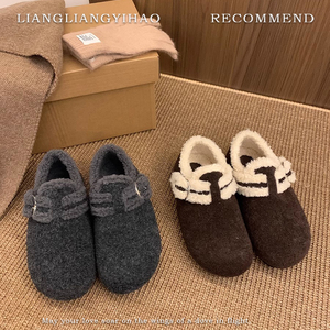 内增高3CM~灰色毛毛鞋女冬外穿新款勃肯鞋女厚底加绒棉鞋呢子单鞋