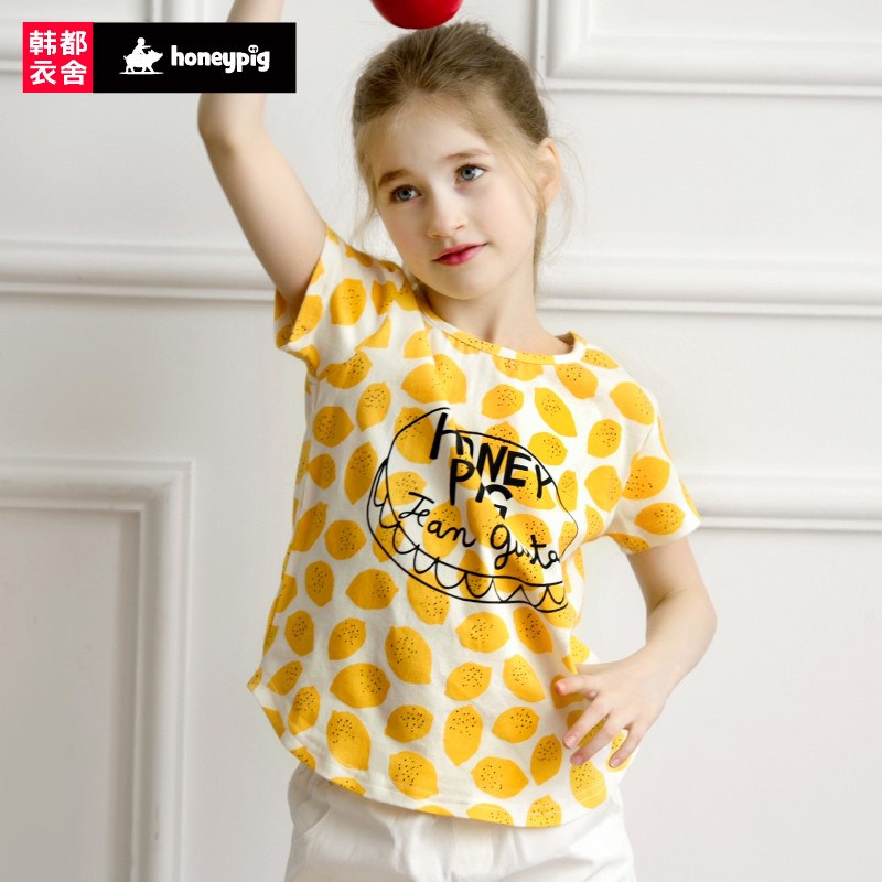 honeypig童装2018夏装新款女童圆领图案短袖T恤HPC5519涓