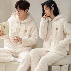 2023秋冬季新款法兰绒情侣睡衣男加厚珊瑚绒可外穿女士家居服套装