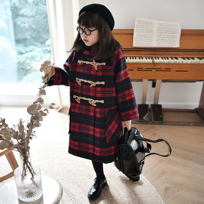 4折清TWOSYA原创童装 冬季复古格子学院风牛角扣女童毛呢大衣外套
