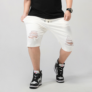 胖子加肥加大码白色破洞牛仔短裤男纯黑色破烂五分裤高弹力中裤潮