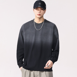 潮流秋季 春秋季 纯棉加肥加大码 T恤男士 收口束口上衣 水洗渐变长袖