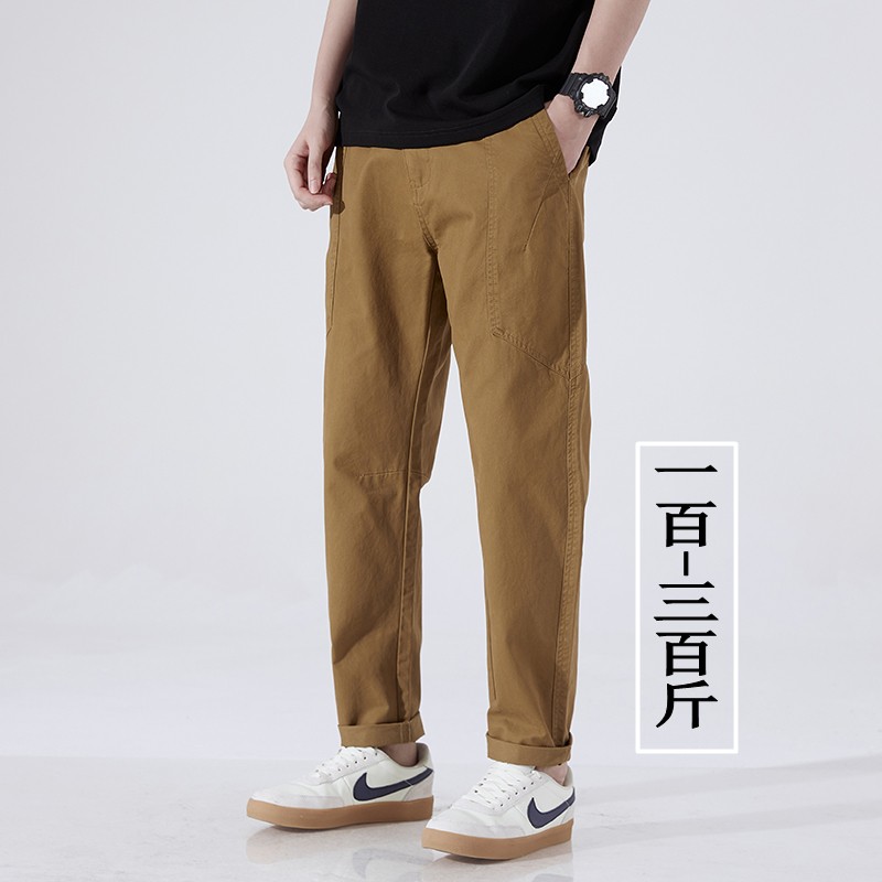 全棉宽松休闲裤男夏季薄款加肥加大码直筒裤腿粗屁股大深卡其裤子