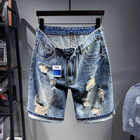 Summer pure cotton ripped denim shorts, men's trendy, loose, overweight, plus-size, ripped capri pants, super ripped mid-length pants thumbnail 2