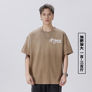 水洗重磅短袖T恤男胖子做旧宽松厚款半袖欧洲站潮牌植绒纯棉衣服