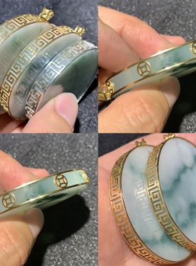 定做翡翠圆牌银18k金包边无事牌