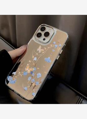 花P5a14苹13ax妆镜11唯美r蓝蝴蝶适用ihone1promx手机壳果prom补x女生