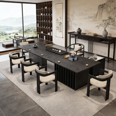 寂寥风实木茶台亚克力高级一体书房书桌茶桌简约阳台泡茶桌椅组合