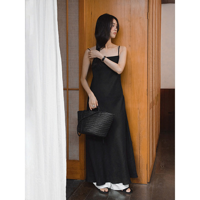 时简 首尔时髦精 100%亚麻轻奢高级感吊带背心连衣裙夏新款10086