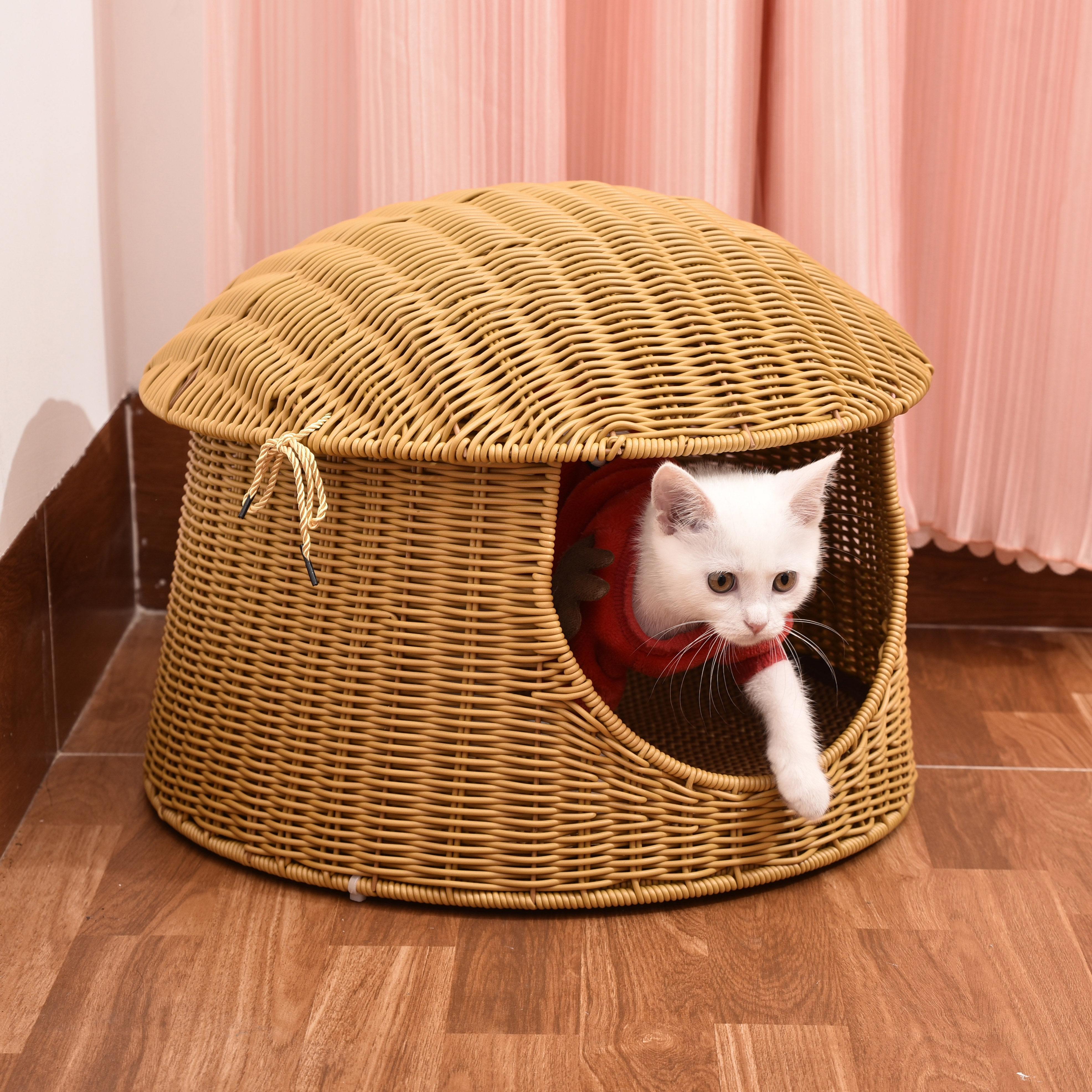 藤编猫窝狗窝蘑菇形双层式宠物窝手工别墅屋可水洗夏季通风透气床