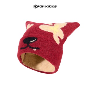 羊毛混纺猫咪动物元气卡通刺绣针织帽男女秋冬保暖护耳冷帽子