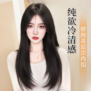 假发女长发仿真发夏天中分自然全头套蕾丝层次内扣黑长直发假发套