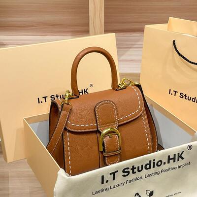 香港Del真皮外缝手袋女式2025新款夏季高端小众大容量斜挎包