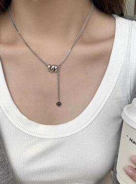女潮酷小众韩版S925纯银笑脸流苏项链轻奢百搭高级感毛衣锁骨链