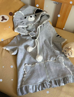小宅喵/纯棉连帽猫耳立体刺绣猫耳宅萌拉链短袖外套莓派派原创