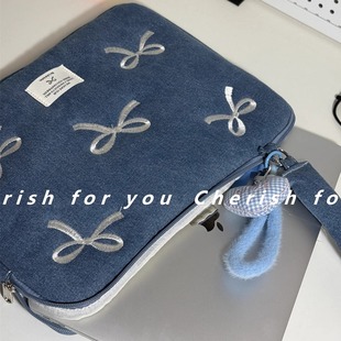 韩国ins新款水洗牛仔刺绣手提电脑包适用于MacBookpro14m2华为matebook15.6保护套14寸手提电脑包