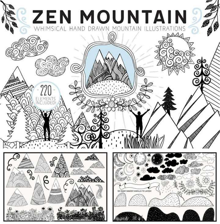 A4025矢量手绘禅绕画风格山脉云朵自然线稿简笔画 AI设计素材+png