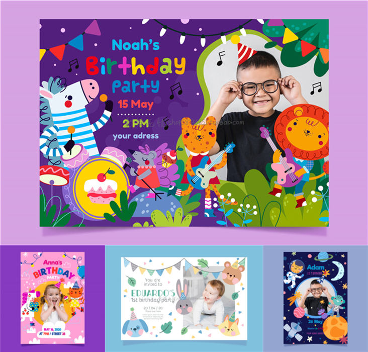 A3934矢量卡通动物插画儿童生日快乐横幅卡片banner AI设计素材