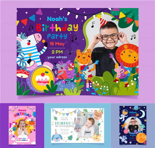 A3934矢量卡通动物插画儿童生日快乐横幅卡片banner AI设计素材