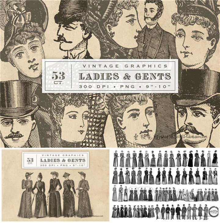 P0754高清PS设计素材 欧洲复古女士先生服饰人物版画线稿png免扣