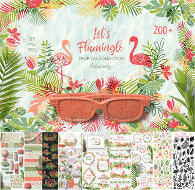 A2251矢量手绘热带植物火烈鸟印花插画背景剪影 AI设计素材+png