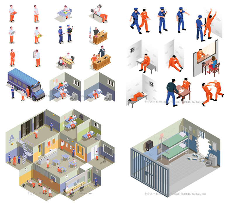 A4131矢量扁平化轴测图监狱犯罪看守所越狱保安监控 AI设计素材