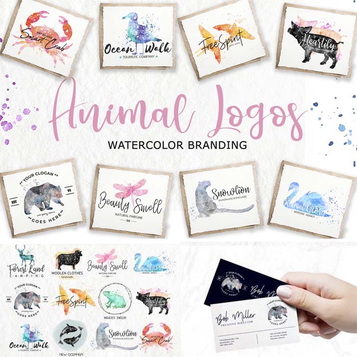 P0711高清PS设计素材 水彩手绘动物logo螃蟹小鸟鹿天鹅psd+png