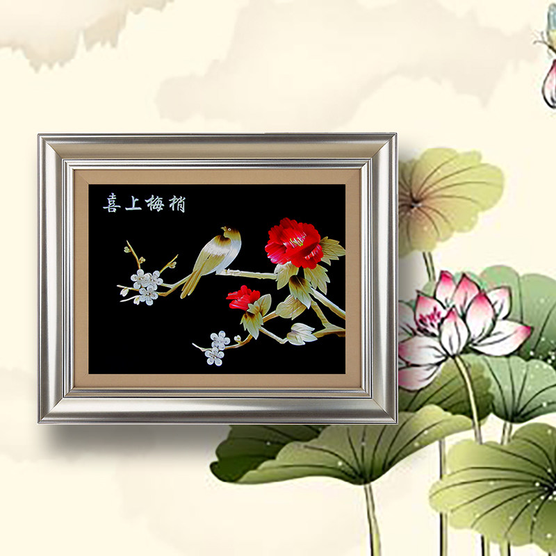 喜上眉梢民间手工艺品方形装饰画挂画镜框画超大麦秆画麦秸画简约