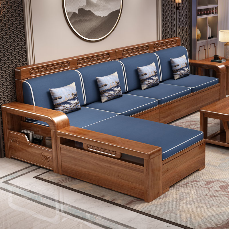 新中式胡桃木沙发组合冬夏两用高端简约大小户型客厅储物实木沙发