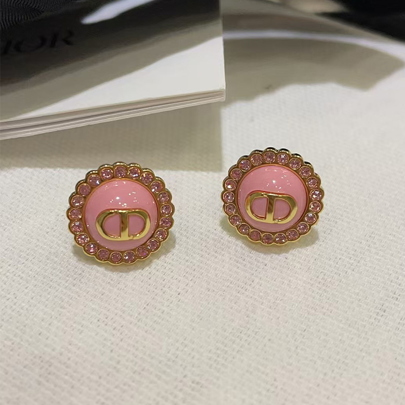 奥米迪奥字母cD粉色纽扣镶钻耳钉女小众轻奢ins风高级感耳环项链