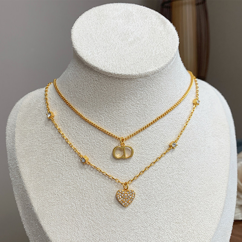 奥米迪奥满钻爱心C字母D双层项链