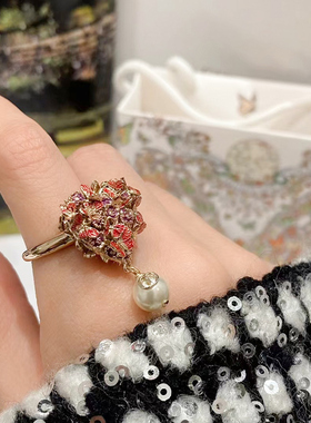 奥米迪奥红珐琅蝴蝶爱心D珍珠吊坠戒指女小众设计轻奢高级感指环