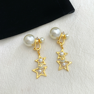 D家新款星星长款珍珠耳夹女CD高级感法式气质百搭无耳洞无痛耳饰