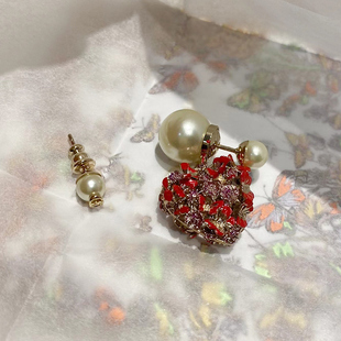 D家新款红珐琅蝴蝶爱心珍珠耳钉女周也同款不对称CD耳环耳饰轻奢