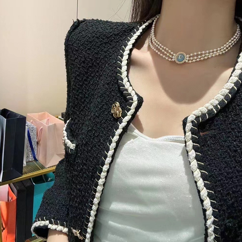 字母纽扣多层珍珠项链女马卡龙