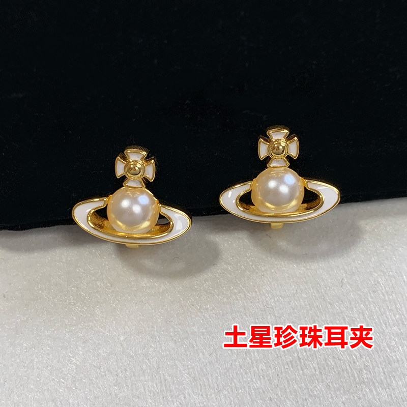 滴釉白色土星珍珠耳夹女高级感小众气质法式通勤无耳洞无痛耳饰
