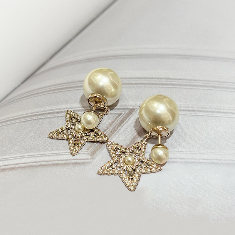 迪奥镂空五角星镶钻珍珠耳环女