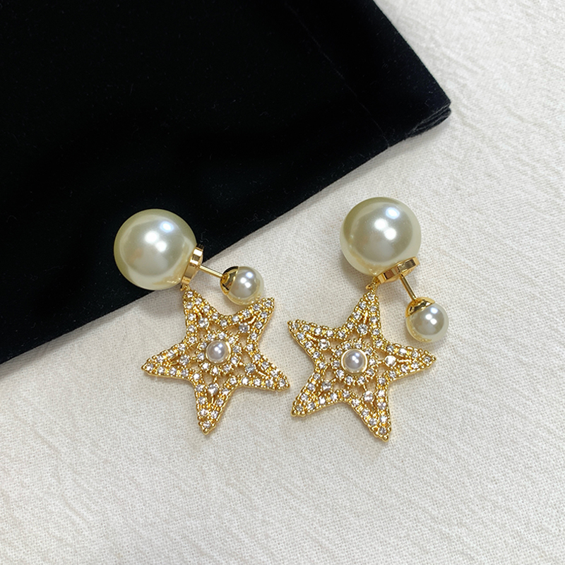 迪奥镂空五角星镶钻珍珠耳环女