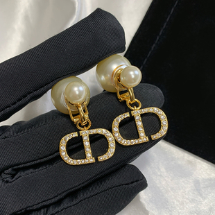 D家字母满钻CD珍珠耳夹女无耳洞无痛小众设计高级感百搭耳环耳饰