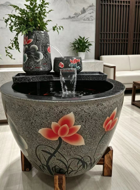 景德镇陶瓷鱼缸瀑布流水客厅阳台古法养鱼循环过滤造景摆件
