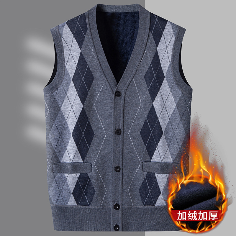 新款毛衣背心加绒加厚中老年男士坎肩保暖马甲秋冬爸爸装爷爷开衫