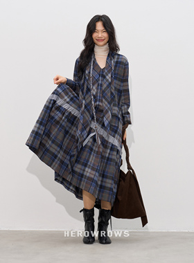 Herowrows全棉绒感日系格纹宽松连衣裙V领飘带手工编绳撞色大摆裙