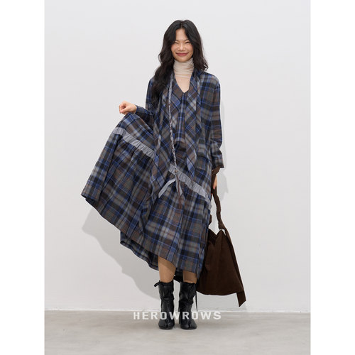 全棉绒感日系格纹宽松连衣裙