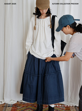 Herowrows 25新品 牛仔蓝重工水洗棉立体量感大摆裙 松紧腰半身裙