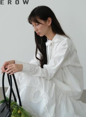 HEROW   水洗棉感 木耳荷叶裙摆重工绞花 白色长袖连衣裙