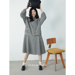 宽松H型罩衫 Herowrows 刺绣伞摆 日系黑白色织格纹 连衣裙 26ss