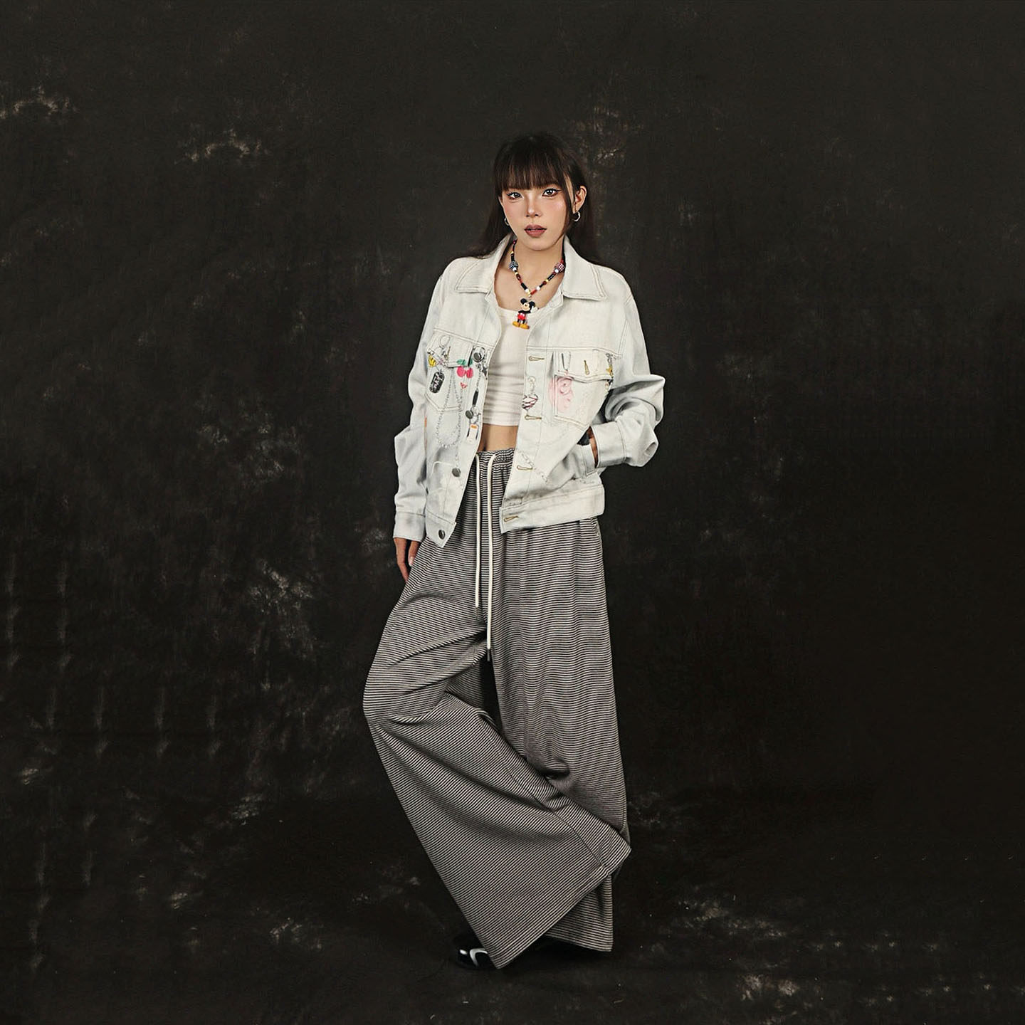 NNK美式星星刺绣条纹阔腿休闲裤男女宽松垂感慵懒风拖地长裤子