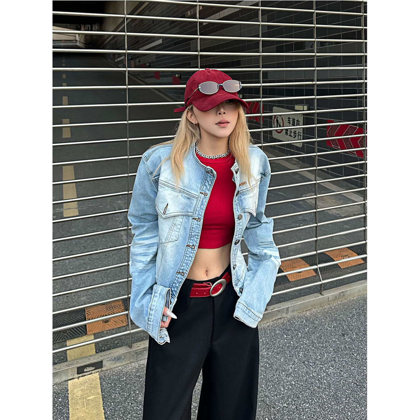 NNK 美式复古猫须磨白立领牛仔夹克女做旧酷飒风宽松休闲短款外套